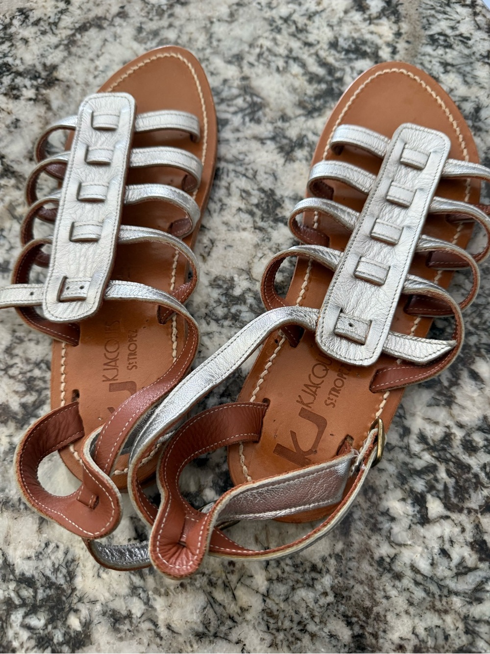 K.Jacques Silver Leather Strappy Sandals - Women's
